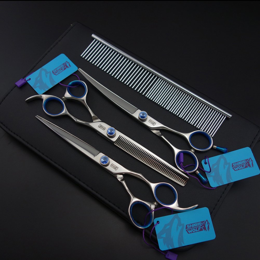 Professional 7-Inch Pet Grooming Scissors Set - Straight, Thinning & Curved Shears with Comb (4-Piece Kit A555) - Perfect for Dog & Cat Hair Trimming, Styling & Home Grooming