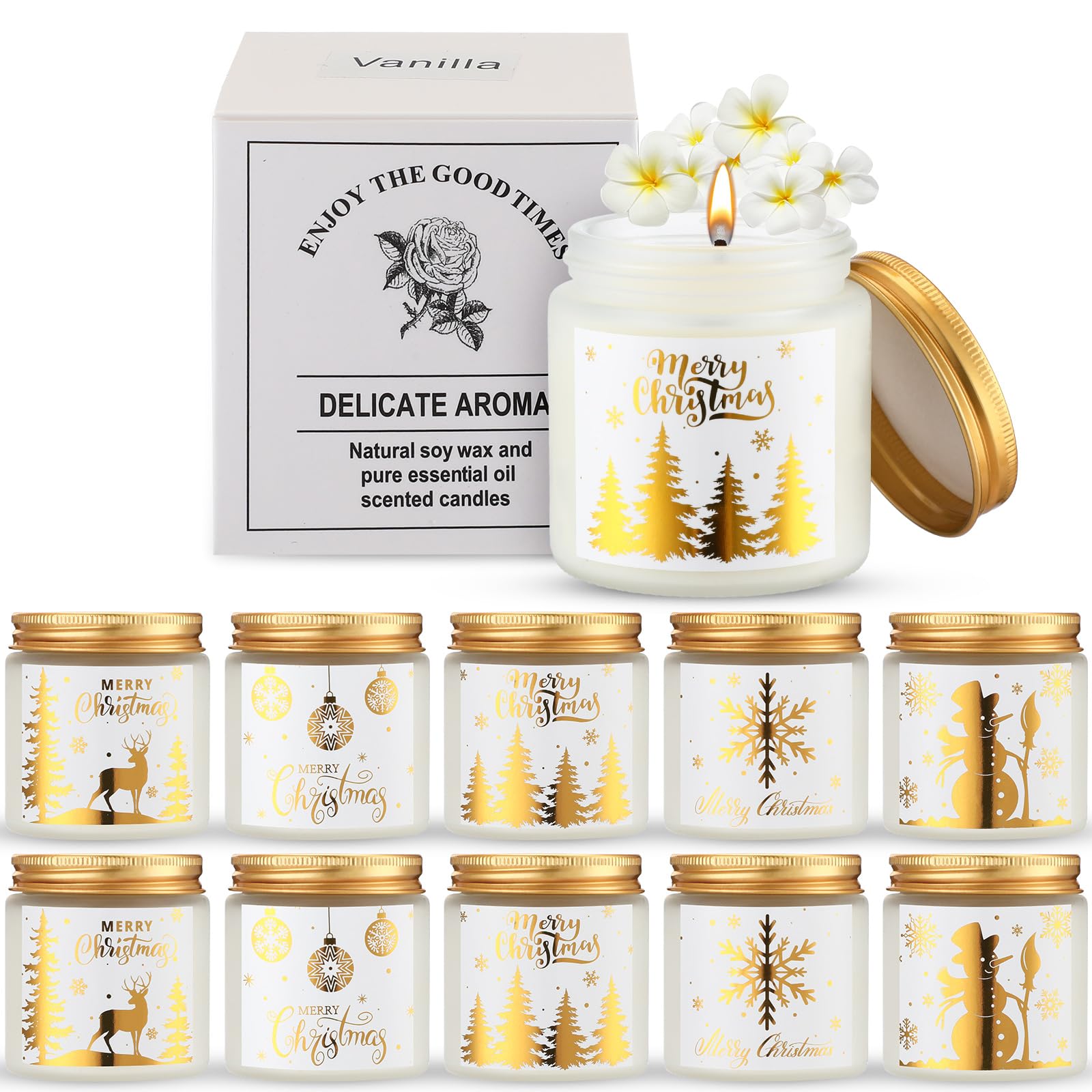 MTLEE 10-Piece Christmas Candle Gift Set - 10 Fragrant Scented Candles for Aromatherapy, Holiday Decor & Festive Gifts for Women (Golden Lid) - Perfect for Home Decor, Relaxation & Christmas Party Ambiance