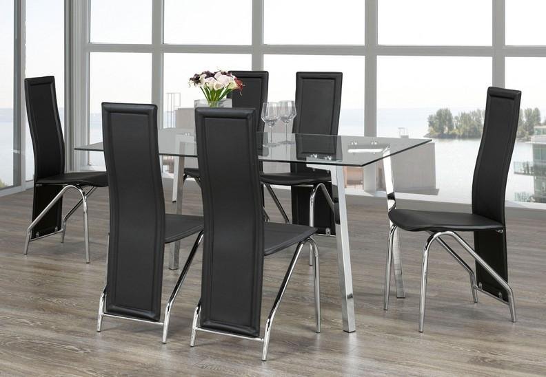 Clear Glass Dining Table with Chrome Legs & Black Leatherette Chairs - Modern Kitchen & Dining Room Furniture Set for Small Spaces & Apartments