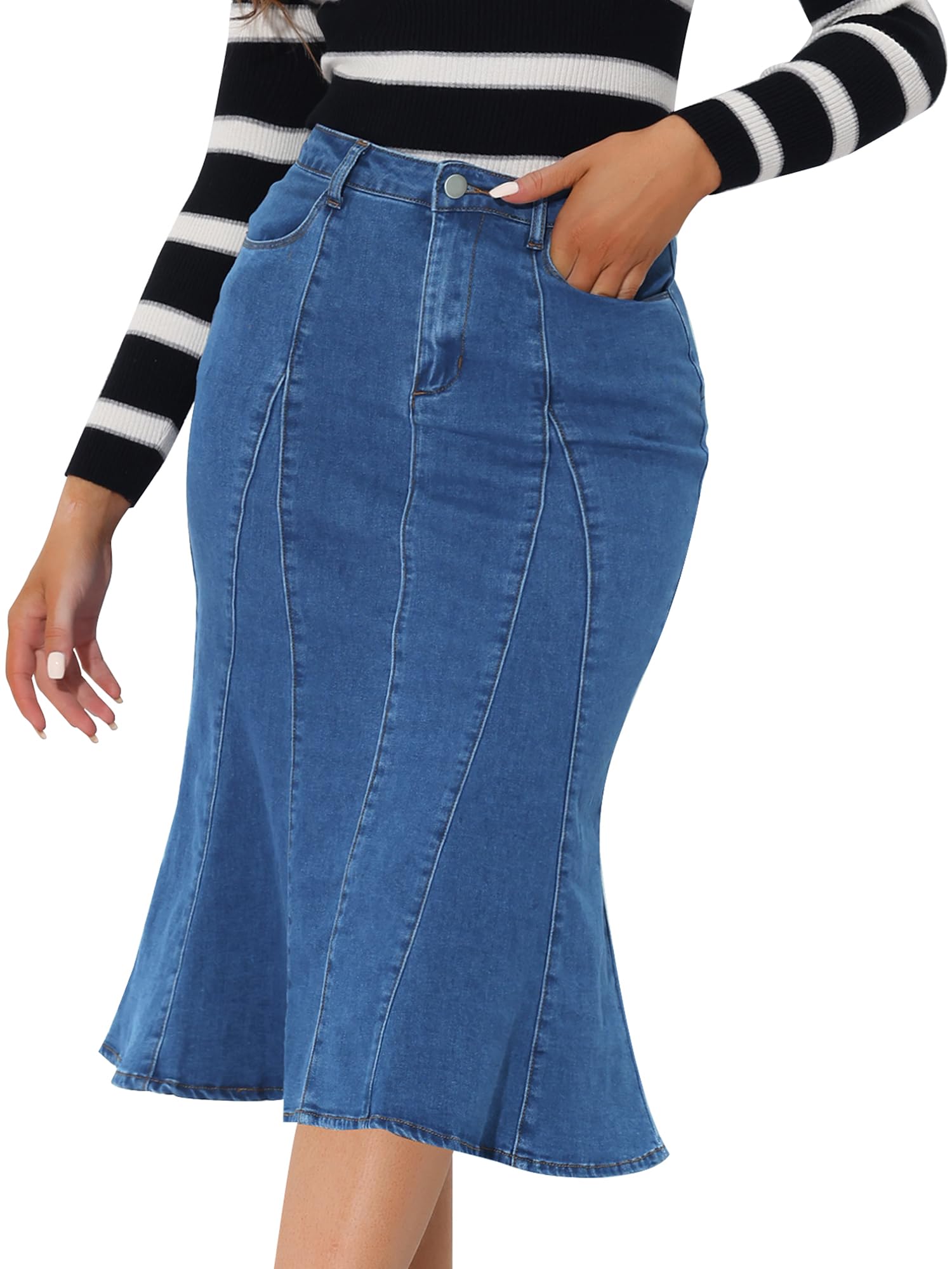 Allegra K Women's High Waist Fishtail Denim Midi Skirt - Bodycon Stretch Jean Skirt for Casual Wear, Date Night & Summer Outfits
