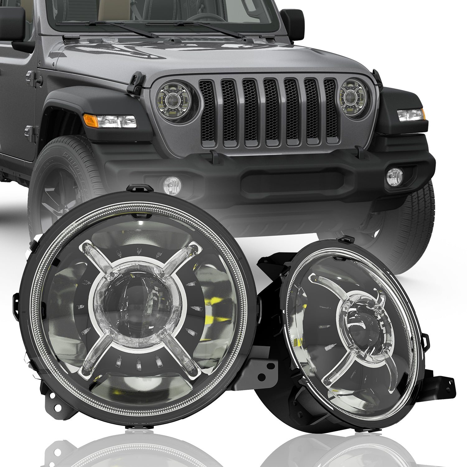9 Inch LED Halo Headlights for 2018-2025 Jeep Wrangler 4xe JL/JLU & Jeep Gladiator JT - Durable Bright Off-Road Lighting (2pcs/Set) - Perfect for Night Driving and Off-Road Adventures