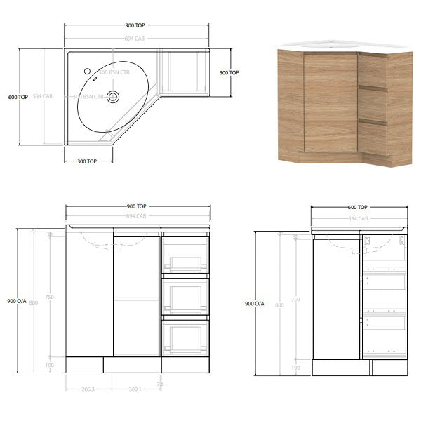 ADP Glacier Lite Door and Drawer Trio Floor Standing Corner Vanity with Cast Marble Top - Modern Bathroom Storage Solution for Small Spaces, Perfect for Apartments and Compact Homes