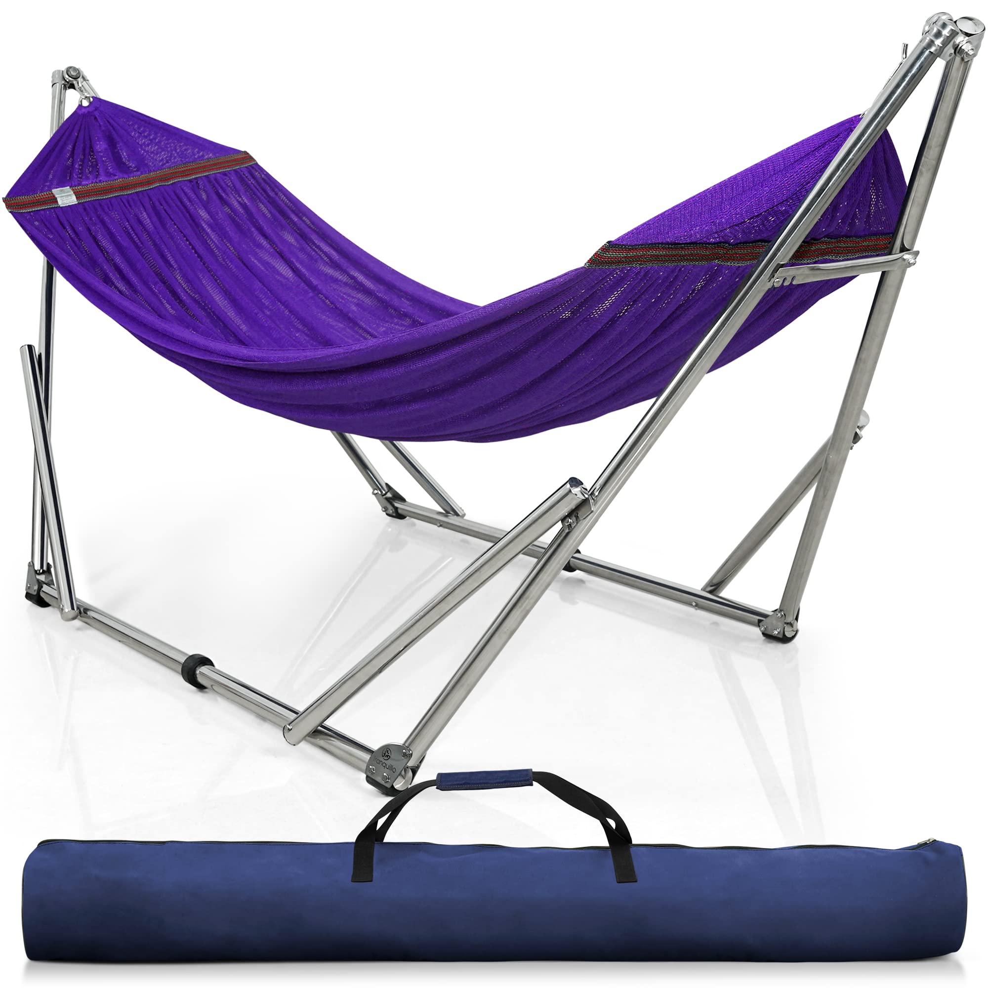 Premium Universal Hammock Stand - Heavy Duty Stainless Steel Frame, Adjustable 2-Person Hammock with 2-Layer Polyester Net & Carry Bag - Supports 550 lbs (Purple) - Perfect for Backyard, Camping, Beach & Outdoor Relaxation