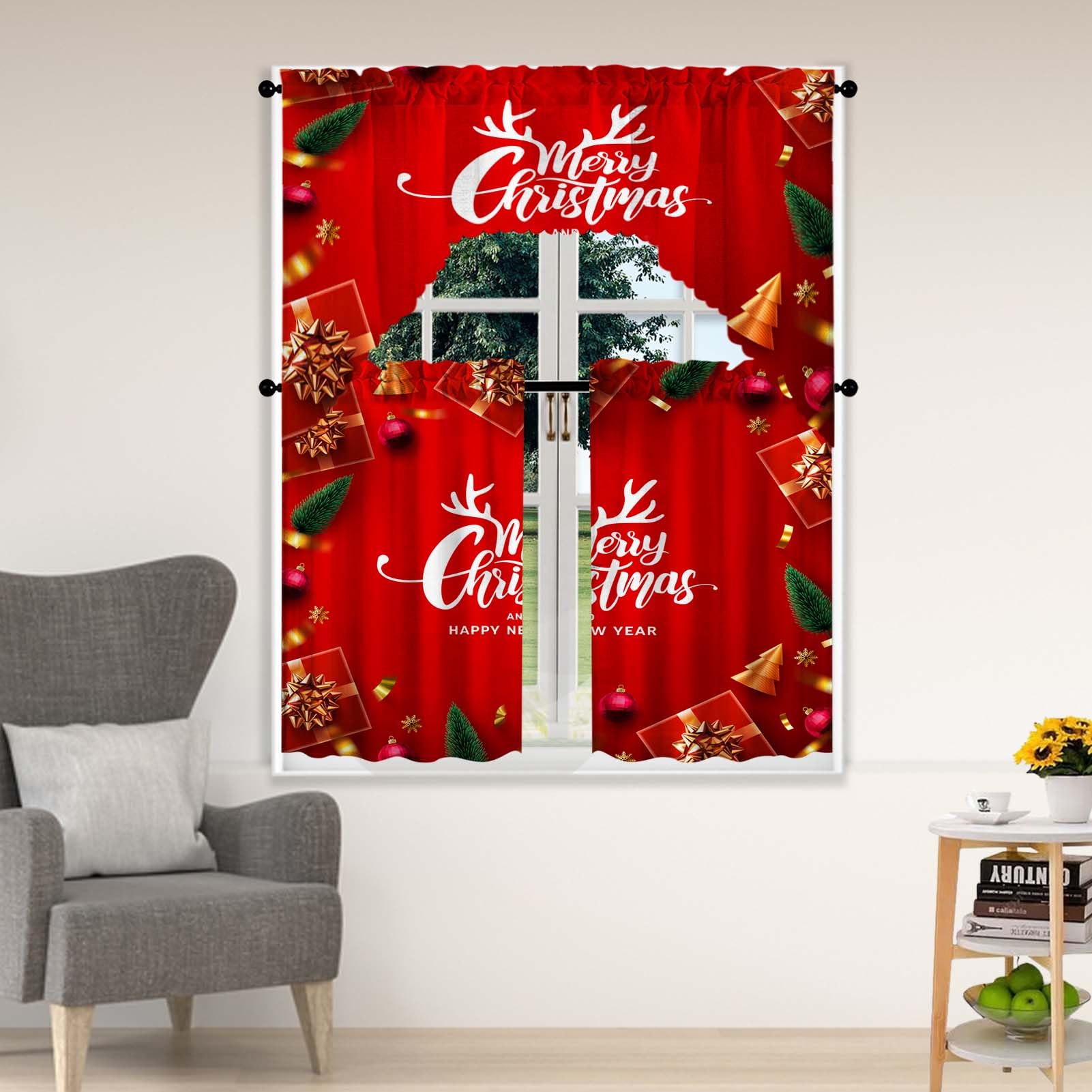 ULQUISNCE 3-Piece Christmas Window Curtain Set - Red & Gold Holiday Kitchen Valance with Rod Pocket, Festive Swag & Tier Design for Merry Christmas & New Year Decor - Perfect for Kitchen, Living Room & Holiday Party Decorations