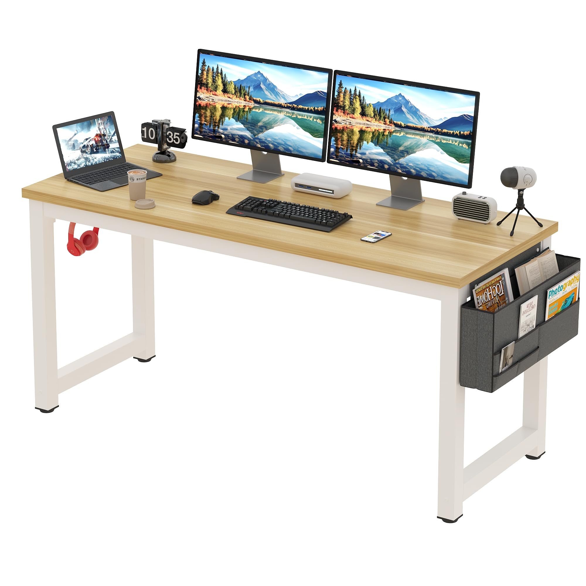 63 Inch Large Computer Desk - Home Office Wood Study Writing Table with Storage Bag & Headphone Hooks, Rustic Gaming Desk (White/Walnut, 63