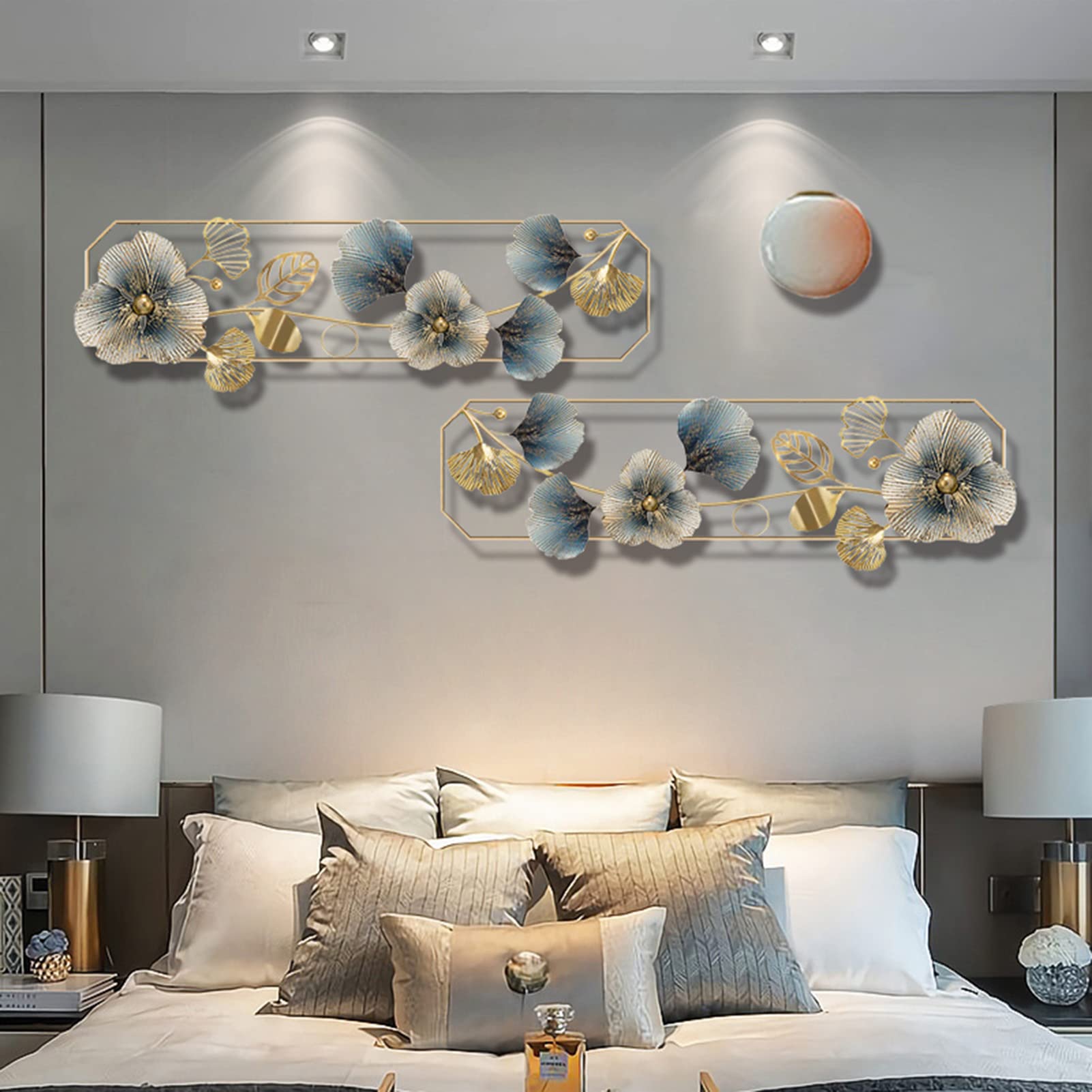 3D Ginkgo Leaves & Flower Metal Wall Art Decor - Luxury Home & Hotel Wall Hanging Sculpture for Living Room, Bedroom, Study | Elegant Housewarming Gift & Modern Interior Design Accent