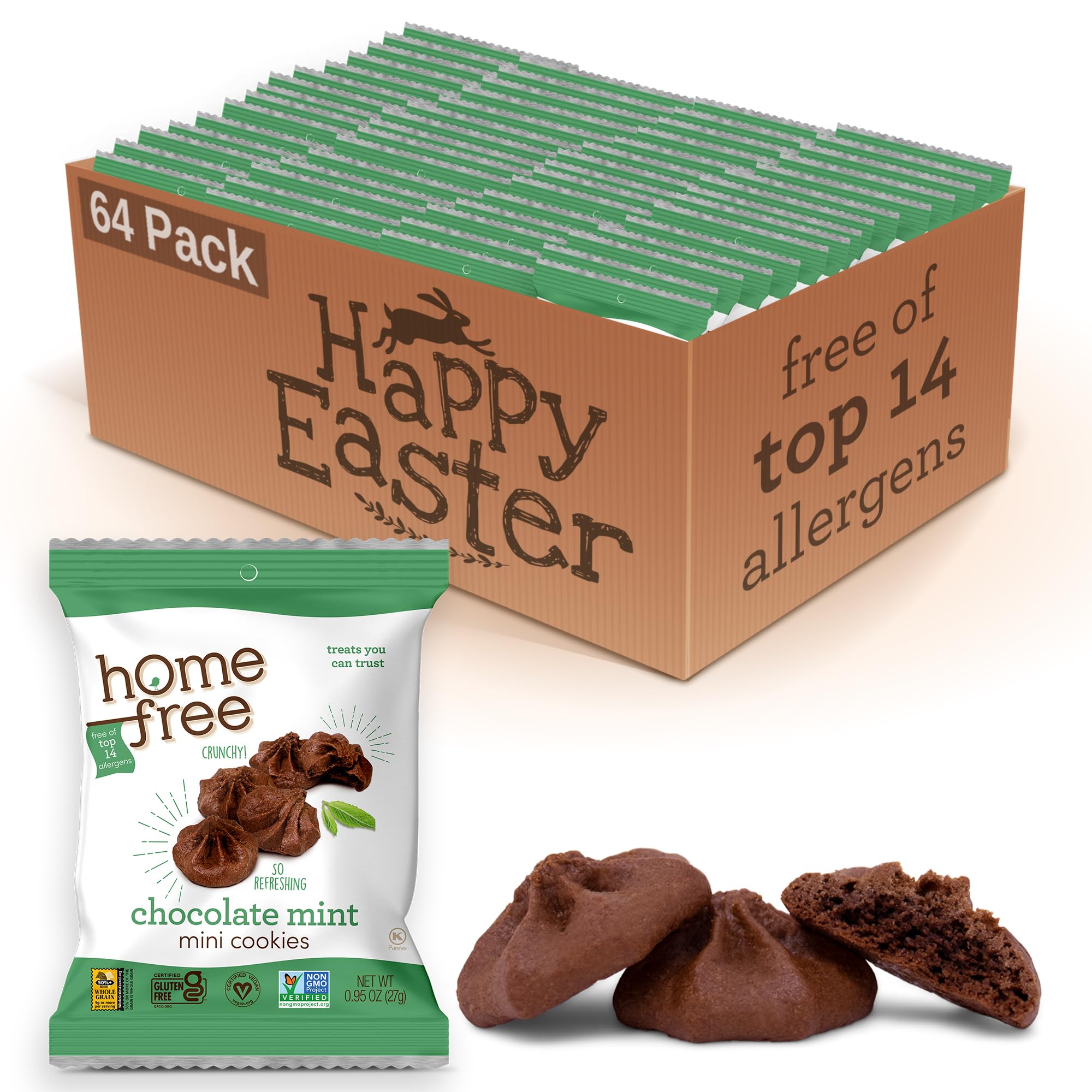 Homefree Chocolate Mint Mini Cookies - Gluten Free, Nut Free, Vegan Snacks - Individually Wrapped 0.95 oz Packs (64 Count) - Perfect for School Lunches, Allergy-Friendly Treats & On-the-Go Healthy Snacking
