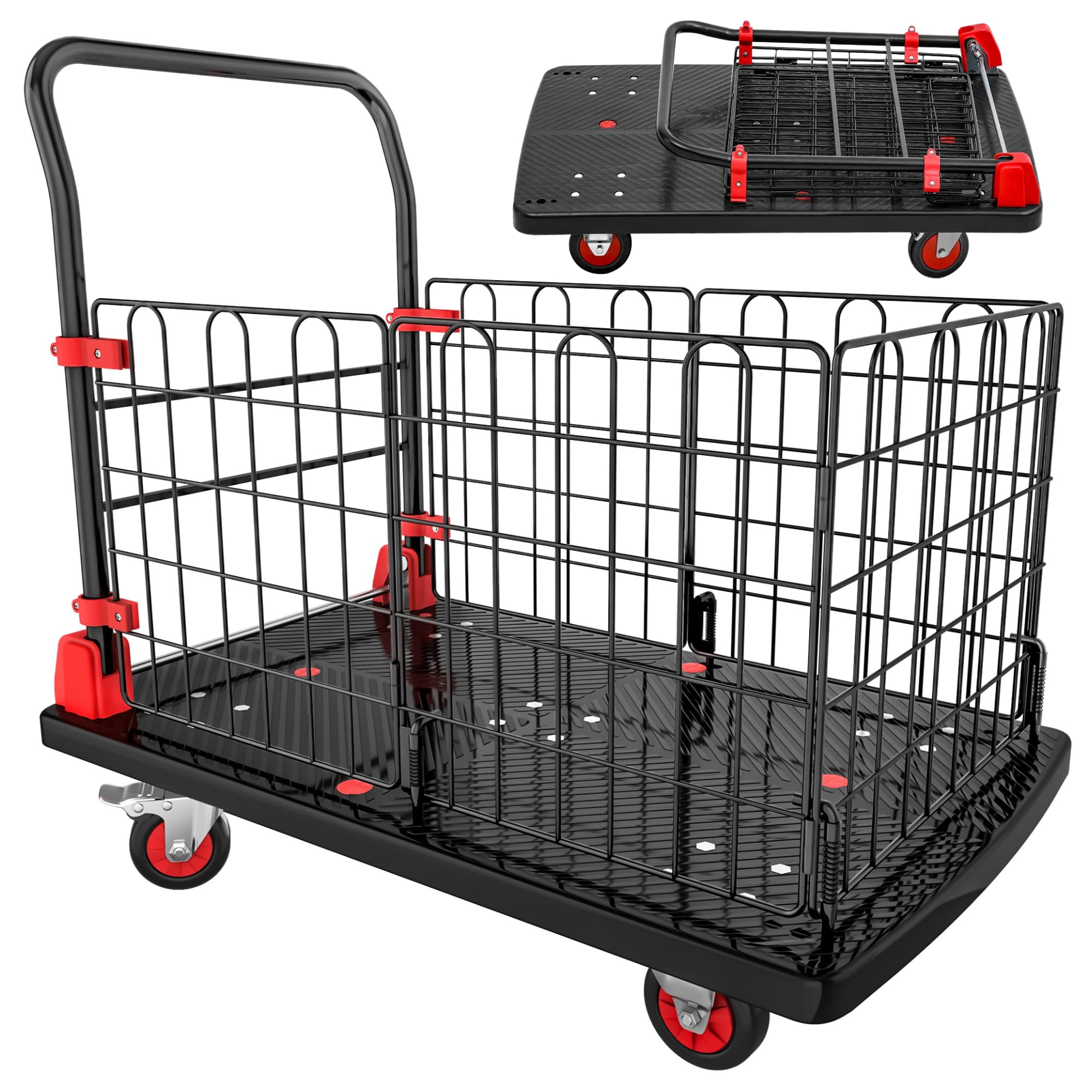 YITAHOME 42 x 26 Inch Heavy Duty Folding Platform Truck Cart with Cage - 1000LBS Capacity, Wheels & Foldable Basket - Perfect for Warehouse, Office, Home Moving & Luggage Transport