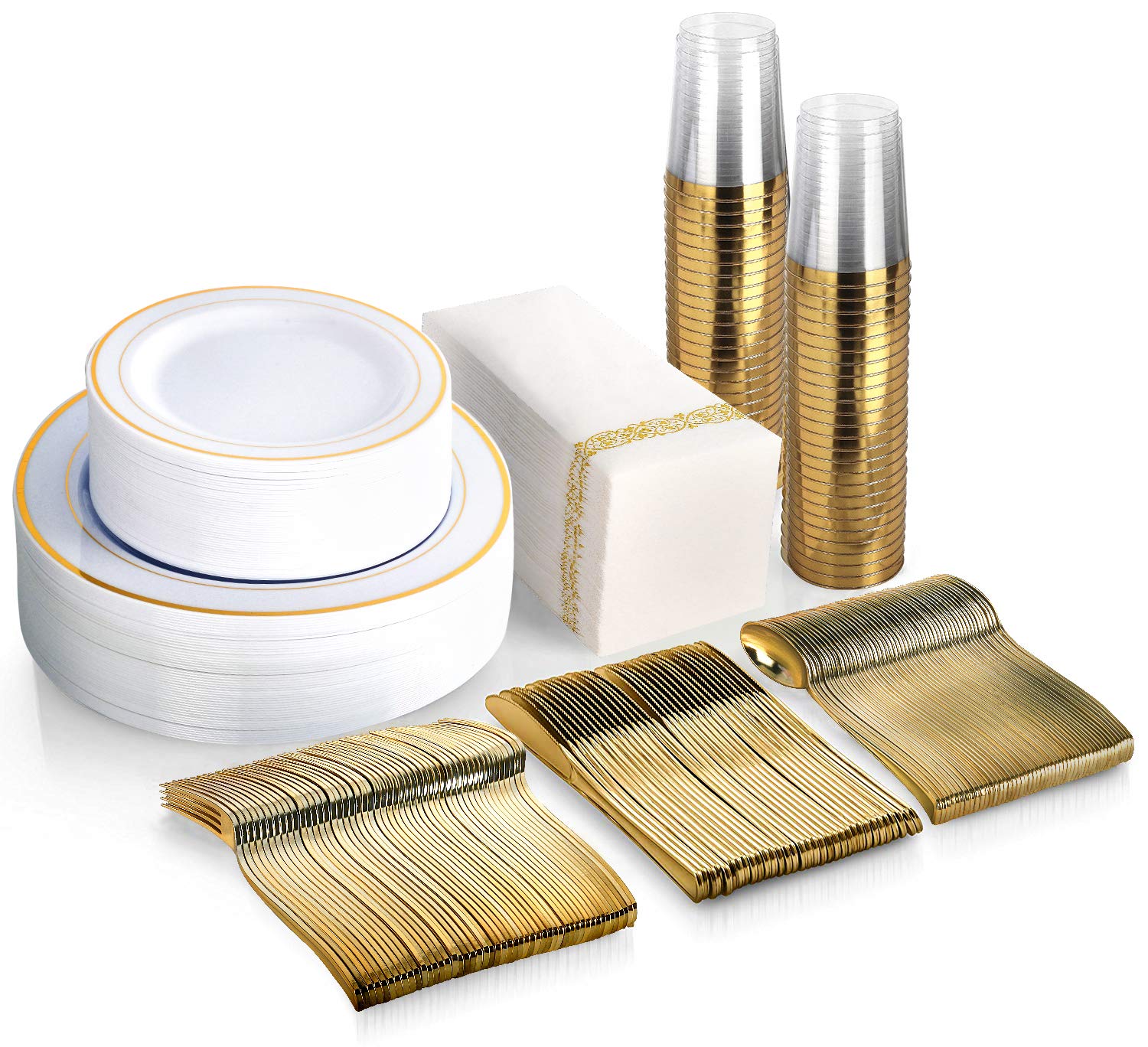 350-Piece Gold Disposable Dinnerware Set - 100 Gold Rim Plastic Plates, 50 Gold Plastic Silverware, 50 Gold Plastic Cups & 50 Linen-Like Gold Paper Napkins - Elegant Disposable Tableware for Weddings, Parties & Special Events