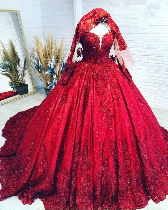 Elegant Red Ball Gown with Long Sleeves, Sequins & Lace - Perfect for Wedding, Quinceañera & Special Occasions