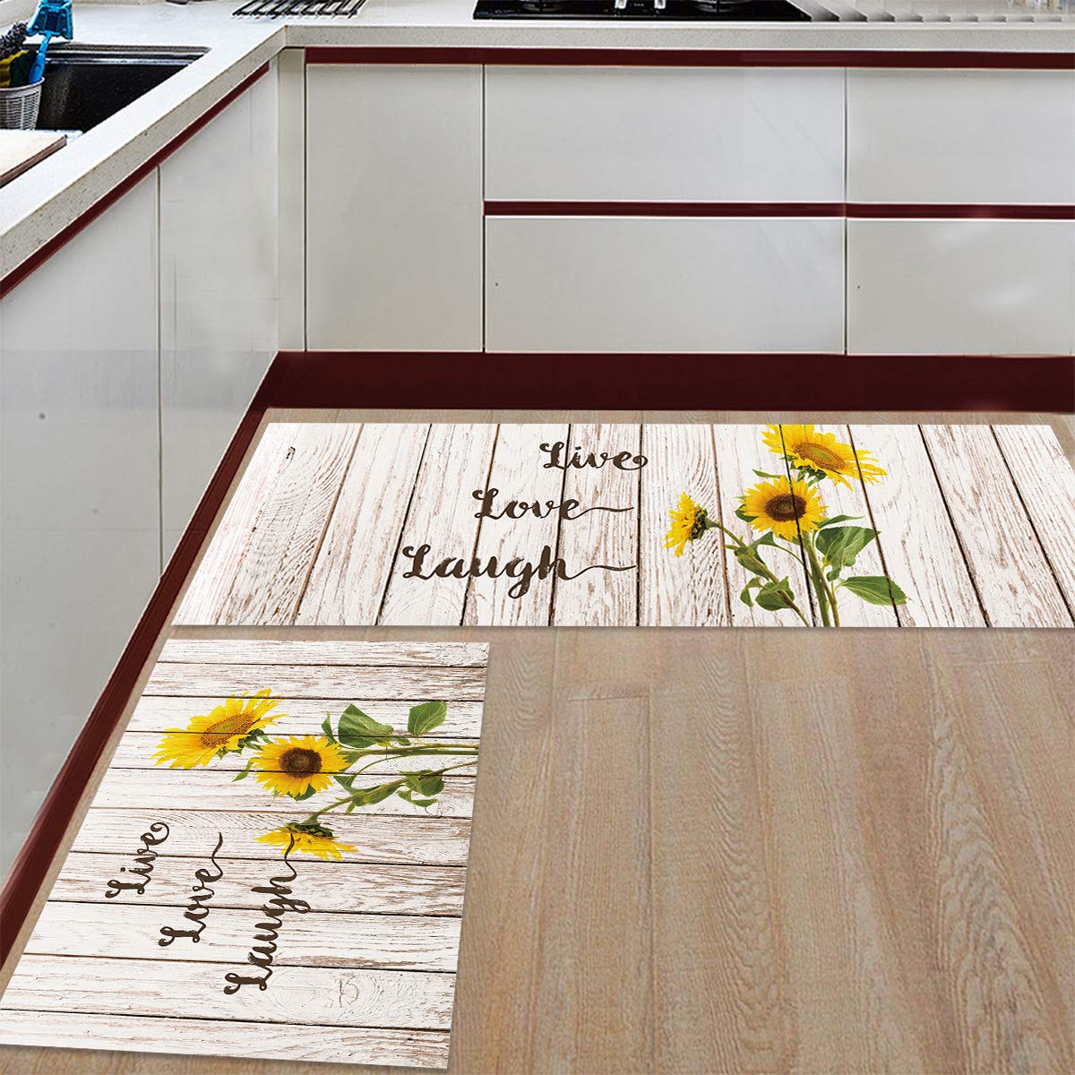 Live Laugh Love Sunflower Kitchen Rugs Set of 2 - Non-Slip Anti-Fatigue Absorbent Shaggy Floor Mats (23.6x35.4in & 23.6x70.9in) for Kitchen, Bedroom, Hallway & Bathroom - Soft Comfortable Home Decor