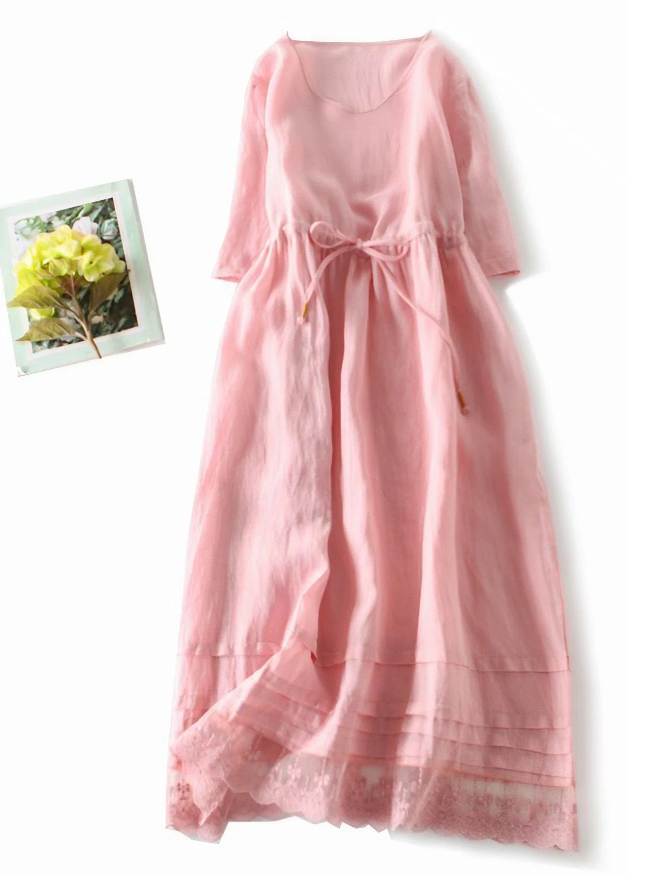 Lovevop Women's Cotton Linen Summer Dress - Lace-Up Round Neck Loose Fit Boho Maxi Dress for Beach, Vacation & Casual Wear