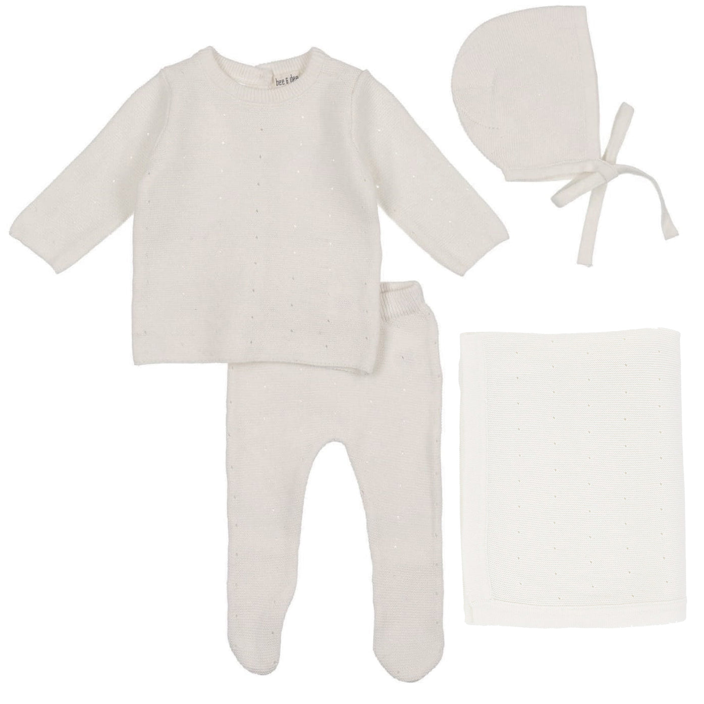 Bee & Dee White Knit 4-Piece Baby Outfit Set - Soft Cotton Newborn Baptism Christening Romper & Hat - Perfect for Bris, Baby Shower Gifts & Photo Shoots