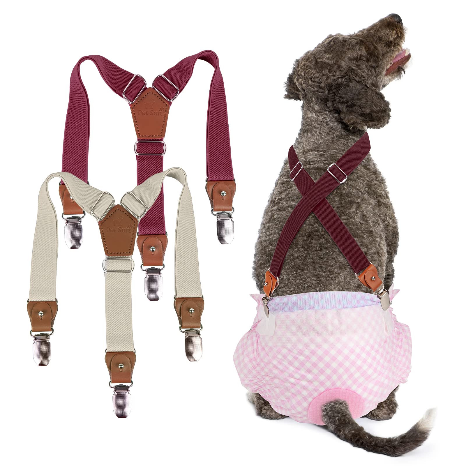 Pet Soft Dog Suspenders 2-Pack - Adjustable Diaper Suspenders for Small/Medium Female Dogs - Secure Dog Diaper, Skirt & Dress Accessories (Brown & Burgundy) - Perfect for Playtime, Training & Fashion Outfits