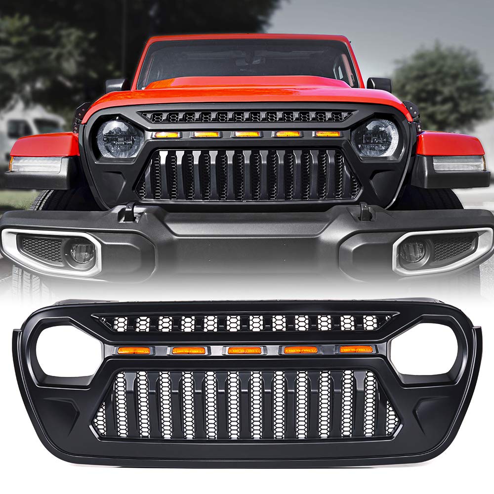 Xprite Black Front Grille with Amber LED Running Lights for 2018-2021 Jeep Wrangler JL & JT | Off-Road Style Upgrade | Perfect for Night Driving & Off-Road Adventures