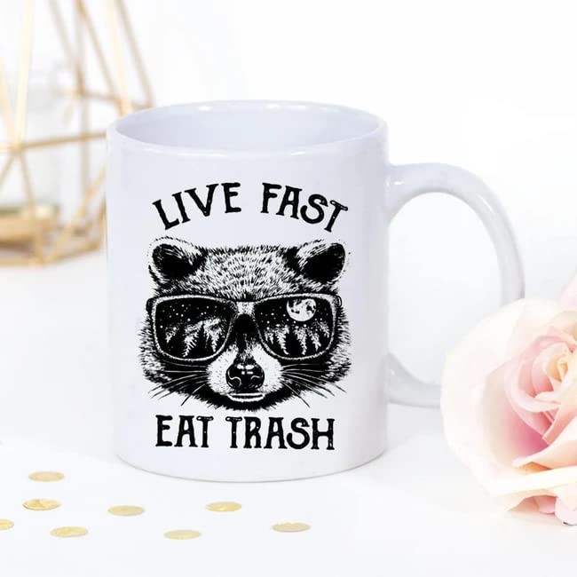 Funny Raccoon Coffee Mug - Live Fast Eat Trash Design - Great White Ceramic Mug for Coffee, Tea & Hot Drinks - Perfect Gift for Animal Lovers & Office Use