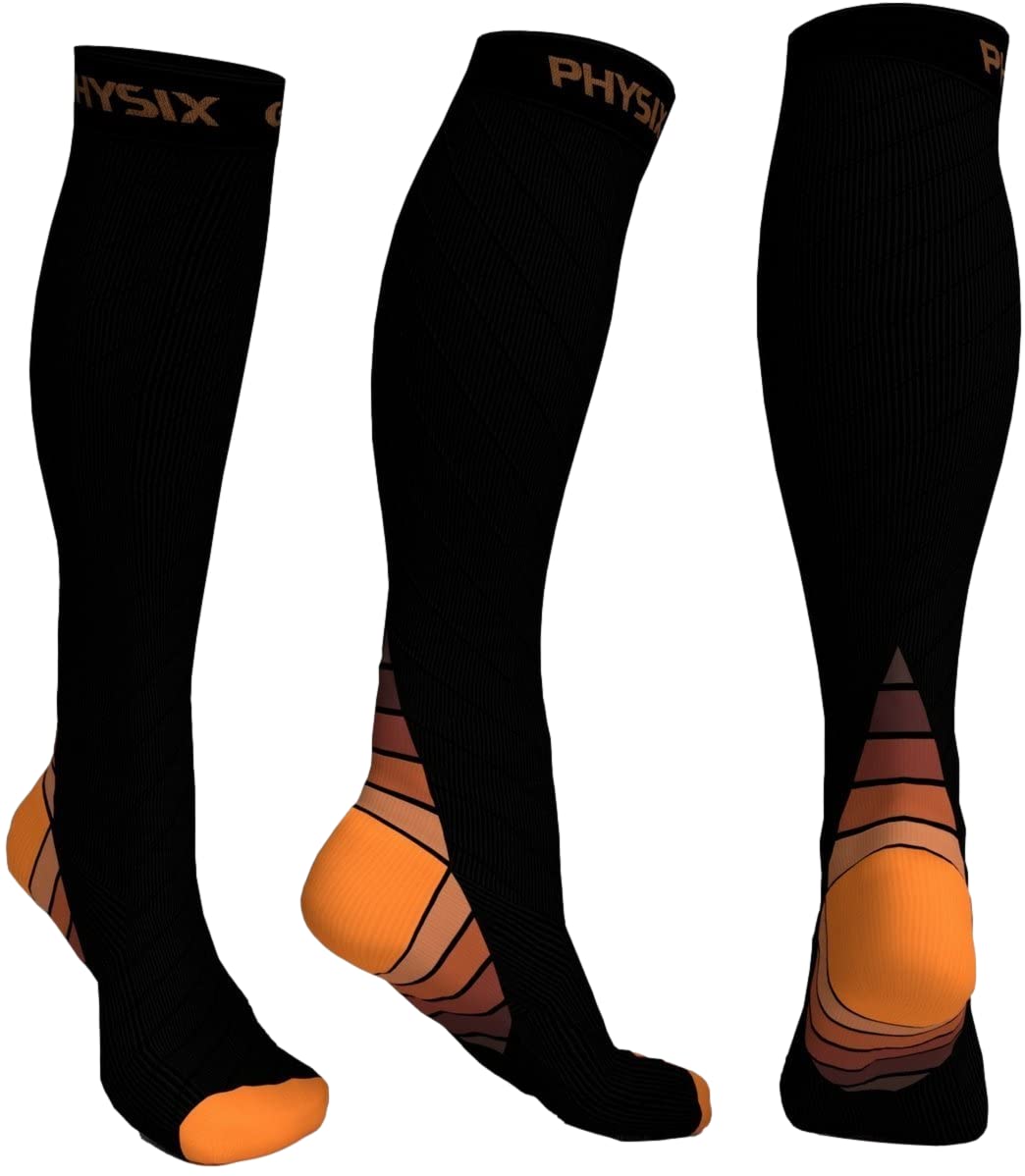 Physix Gear 20-30 mmHg Graduated Compression Socks for Men & Women - Medical Grade Support for Running, Travel & Circulation - Breathable Cotton Blend (Black/Orange, L/XL) - Perfect for Athletes, Nurses & Frequent Flyers