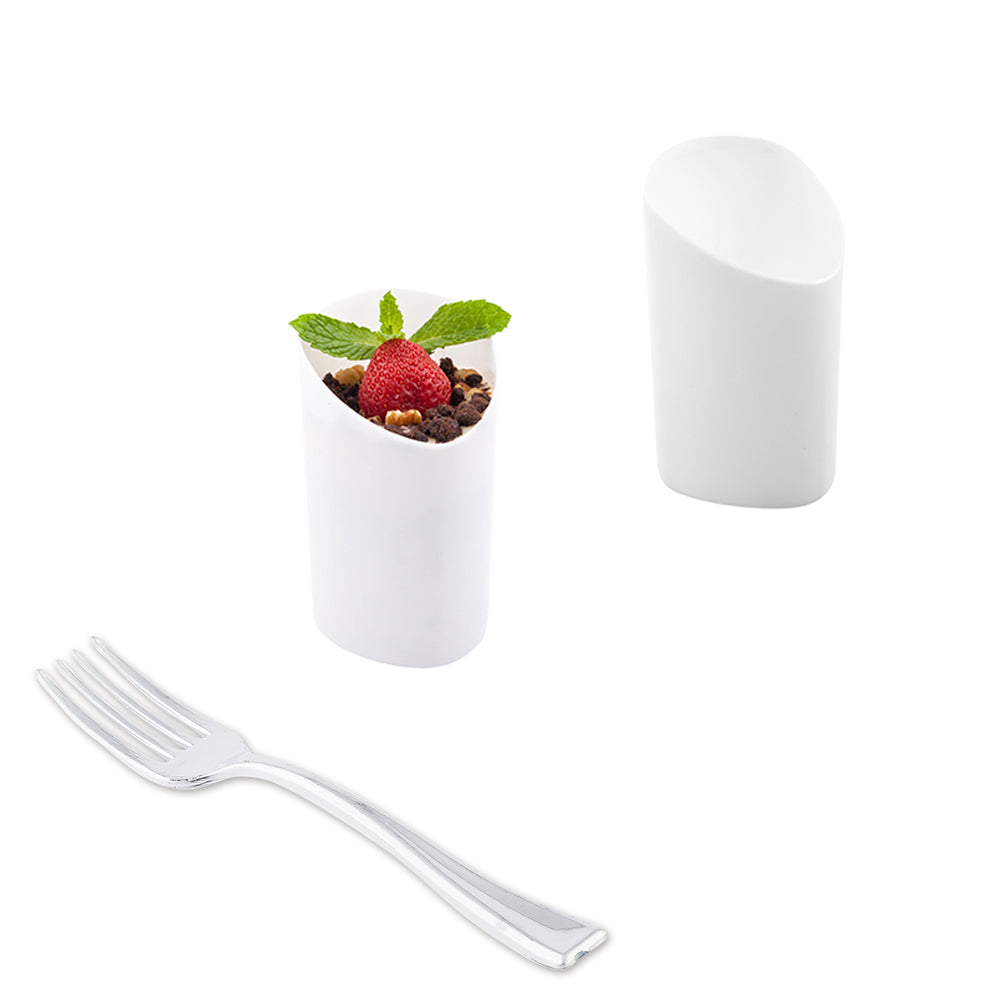 100-Pack 3 oz White Plastic Triangolo Shot Glasses & 100-Pack Silver Plastic Mini Forks - Perfect for Parties, Weddings, and Cocktail Events