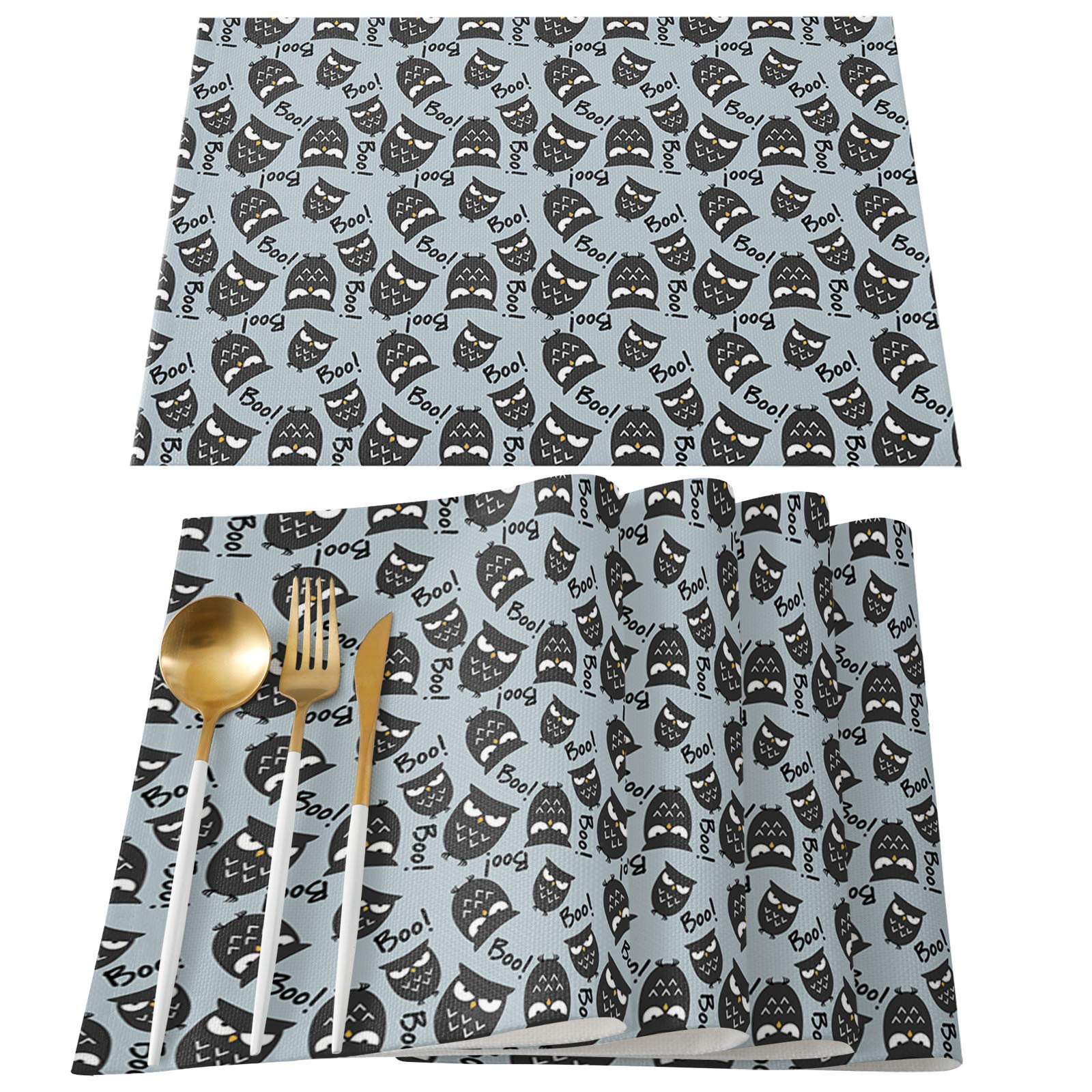 6 Pack Halloween Owl Placemats Set - 18x12 Inch Washable Table Mats for Kitchen & Dining Room | Indoor/Outdoor Use - Perfect for Halloween Parties, Thanksgiving Dinner & Home Decor
