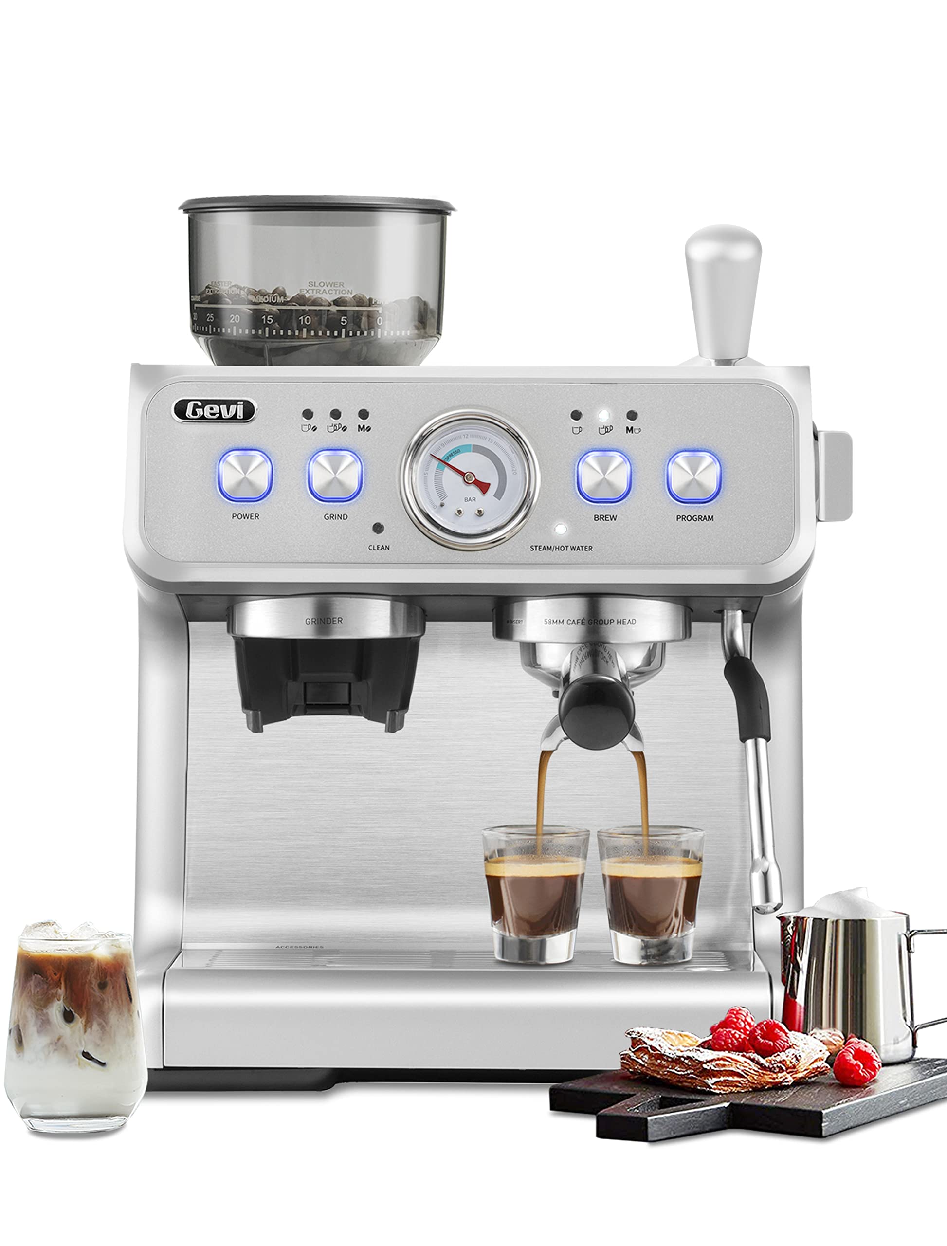 Gevi 20Bar Semi-Automatic Espresso Machine with Built-in Grinder & Steam Wand - All-in-One Coffee Maker for Home, Perfect for Espresso, Latte & Cappuccino - Ideal for Kitchen, Office & Small Spaces