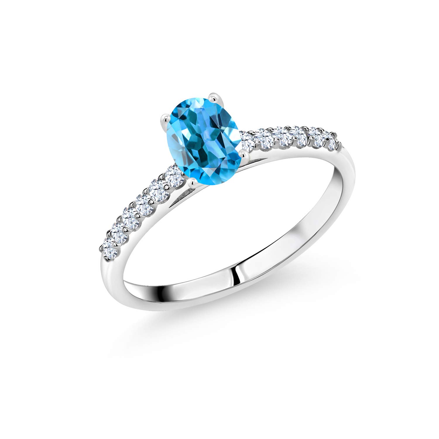 10K White Gold Swiss Blue Topaz & White Created Sapphire Women's Engagement Ring - 1.18 Cttw Oval 7x5mm | Elegant Bridal Jewelry for Proposals, Anniversaries & Special Occasions | Gem Stone King