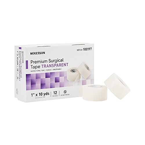 McKesson Premium Non-Sterile Surgical Tape - 1 Inch x 10 Yards, Transparent & Breathable Porous Medical Adhesive (12 Rolls per Pack, 10 Packs - 120 Total) - Ideal for First Aid, Wound Care & Bandage Securing
