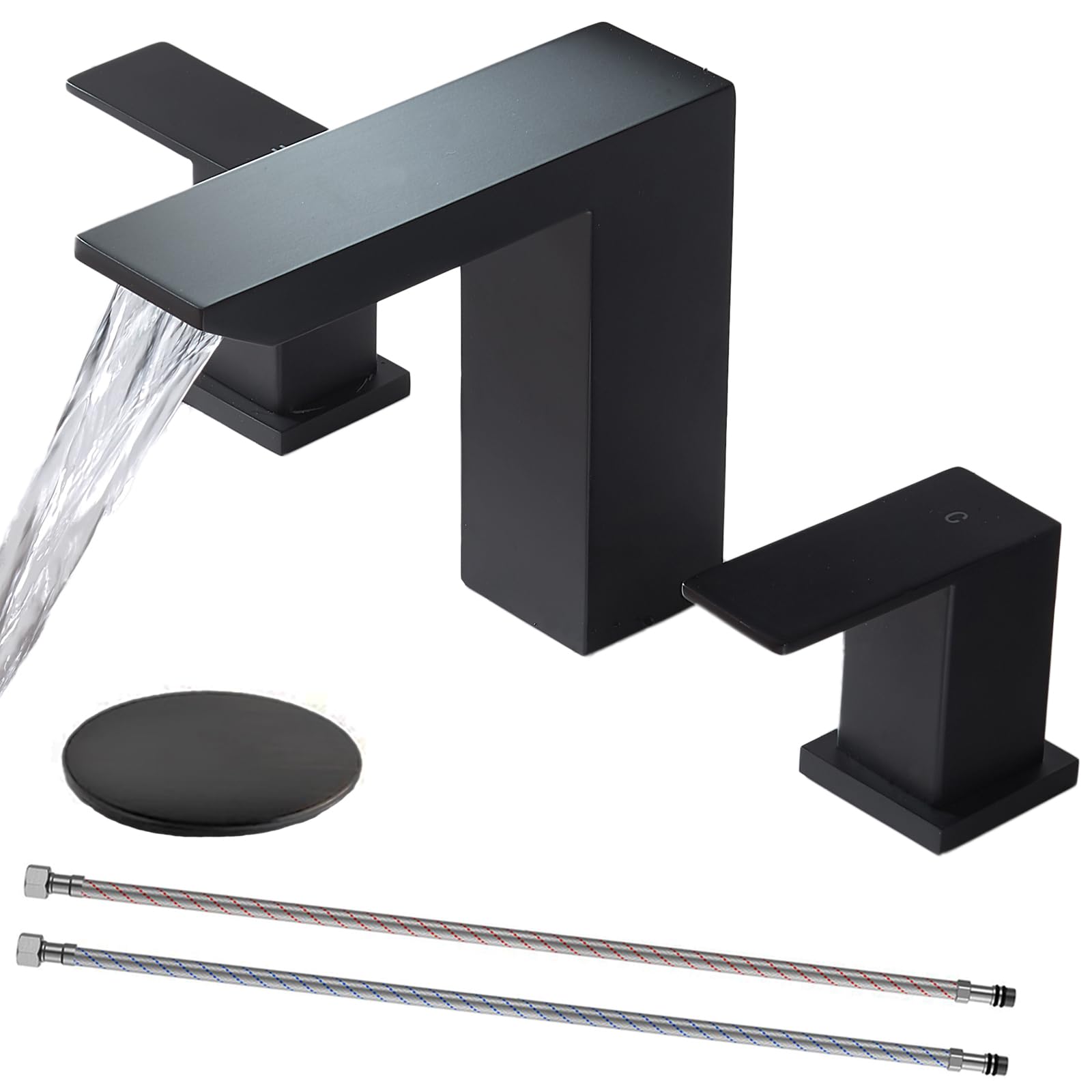 8 Inch Matte Black Widespread Bathroom Faucet - 3 Hole Waterfall Vanity Sink Faucet with Pop-Up Drain & Hoses | Perfect for Bathroom Vanity, RV, and Modern Home Decor