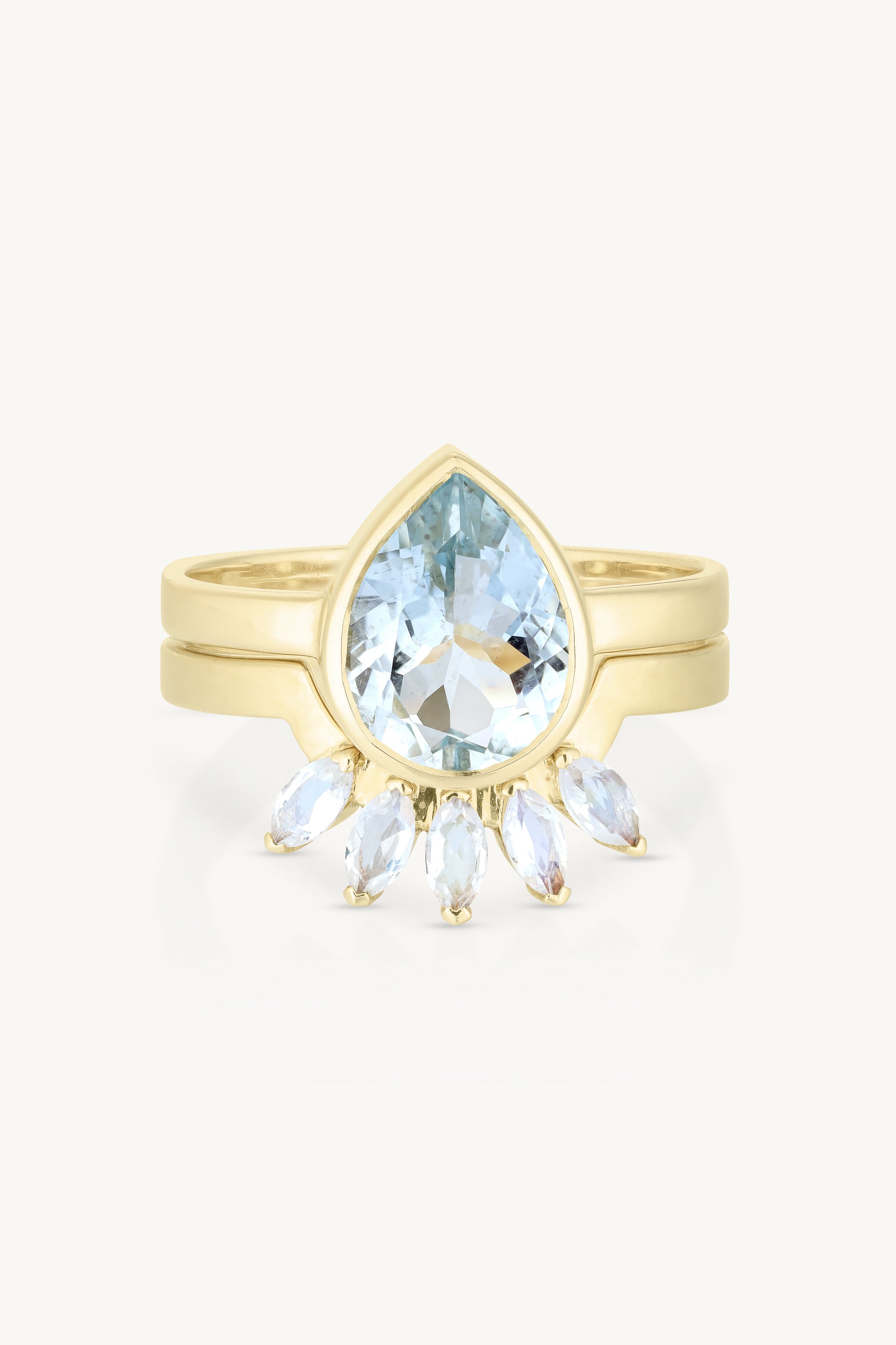9K Yellow Gold Double Stack Aquamarine Halo Ring - Elegant Stackable Jewelry for Women, Perfect for Weddings, Anniversaries & Special Occasions