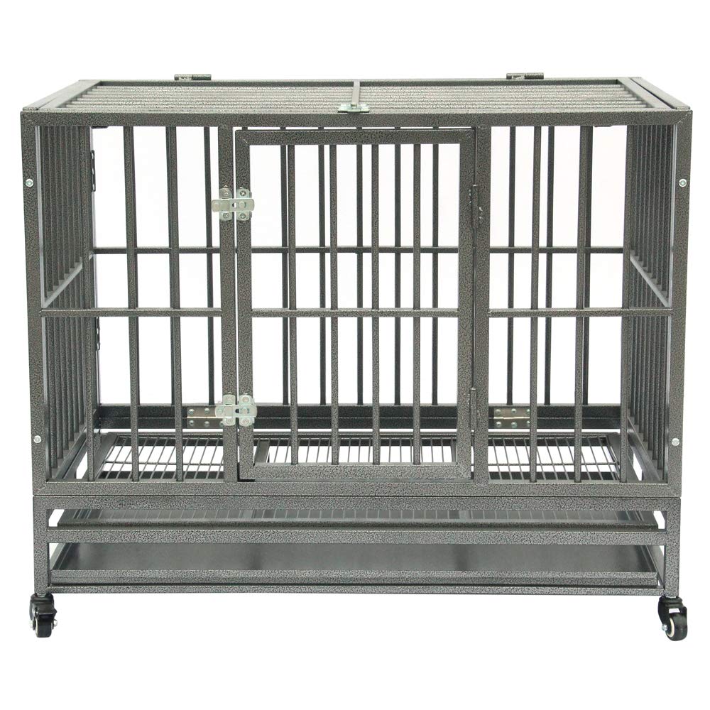 42 Inch Heavy Duty Folding Dog Crate with Wheels - Double Door Metal Pet Kennel with Divider Panel & Secure Double Latch - Large Square Tube Animal Cage for Medium to Large Dogs - Perfect for Home, Travel & Training (Gray)