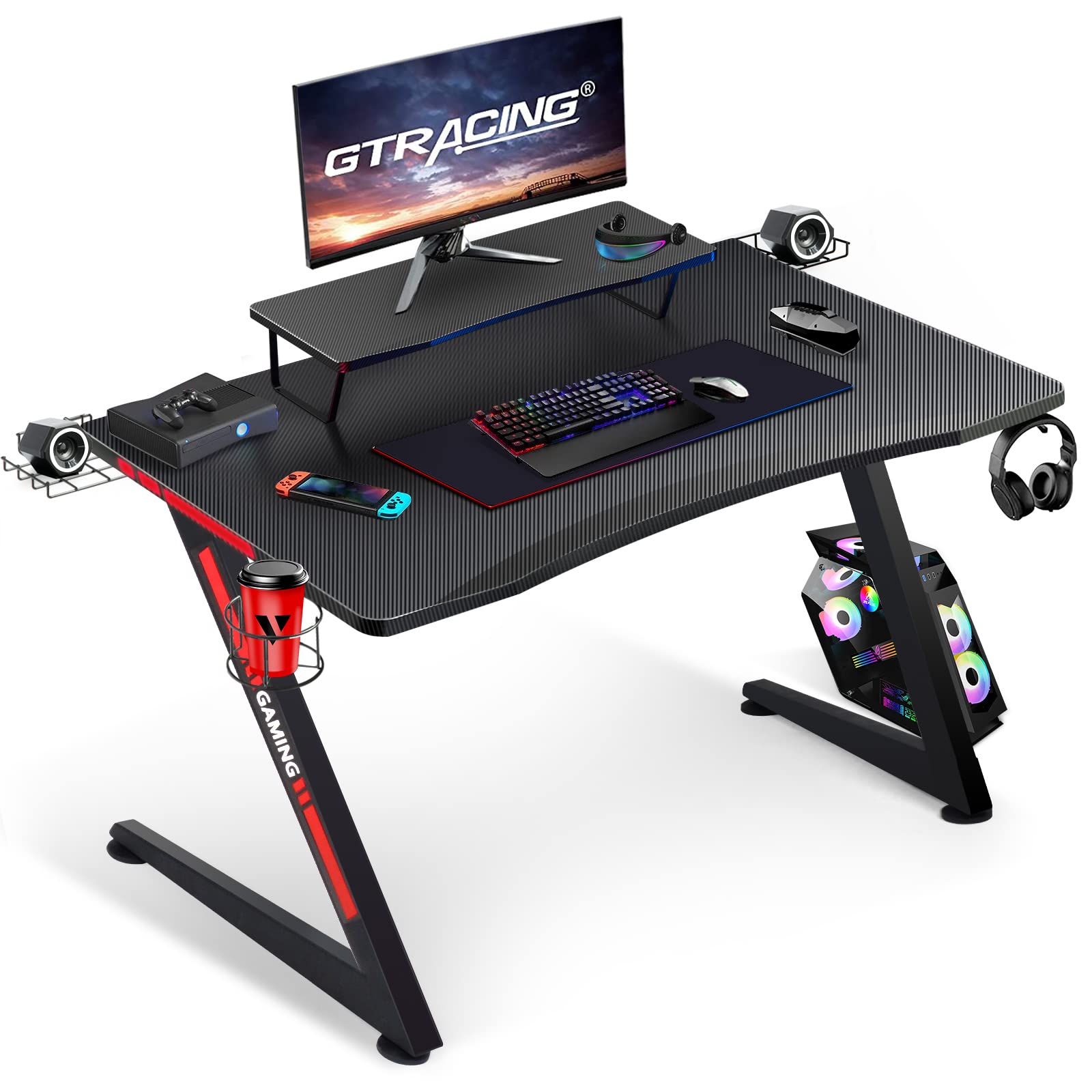 GTRACING Gaming Desk with Monitor Stand - Z-Shaped Carbon Fiber Surface, Cup Holder, Tablet & Gamepad Holder, Speaker Mounts (Black) - Perfect for PC Gaming Setup, Esports & Home Office Workstation