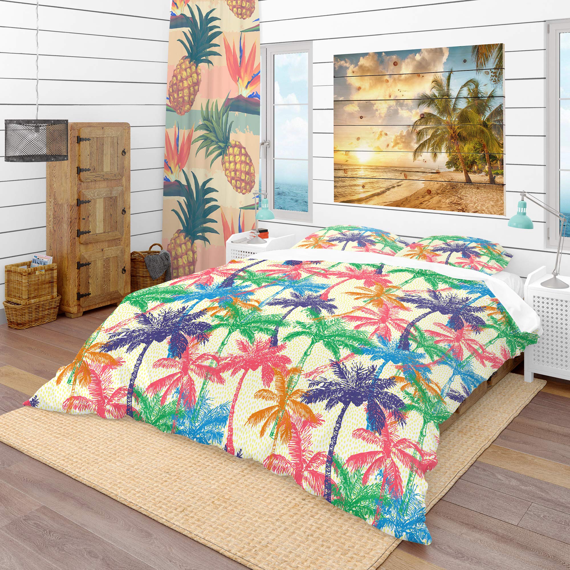 Tropical Palm Print Duvet Cover Set King Size - 3 Piece All Season Bedding Set | Perfect for Beach House, Vacation Home & Boho Chic Bedroom Decor