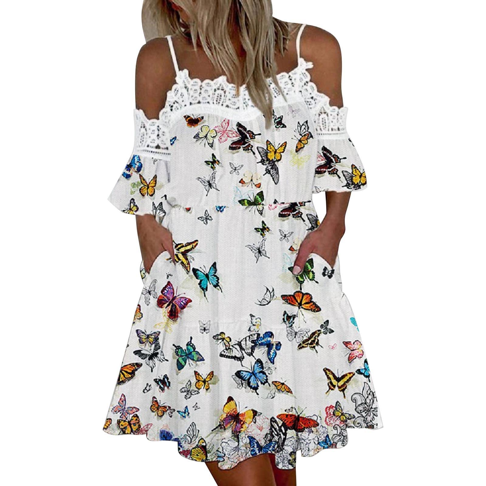 WANYNG Women's Casual Summer Chiffon Off Shoulder Ruffle Pocket Dress - Floral Print Sleeveless Sundress in Yellow | Perfect for Beach Vacation, Date Night & Spring Outfits