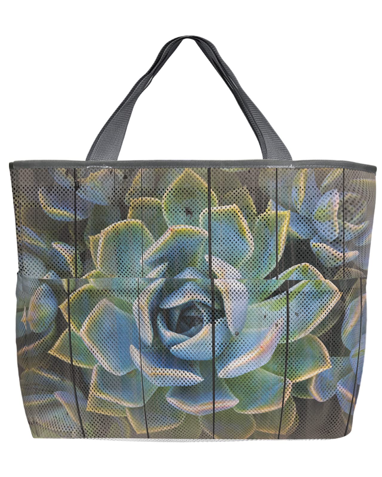 60L Oversized Mesh Beach Tote Bag with Pockets - Quick Dry, Foldable & Lightweight for Pool, Swim, Grocery Storage - Wood Grain Design (24