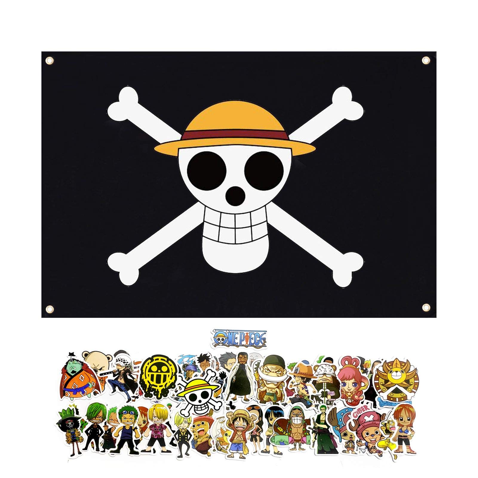 35.5x23.6 Inch One Piece Pirate Flag - Jolly Roger Straw Hat Luffy Polyester Anime Banner for Bedroom Wall Decor | Includes 50 Waterproof One Piece Stickers Collection | Perfect for Anime Fans, Cosplay Events & Themed Parties