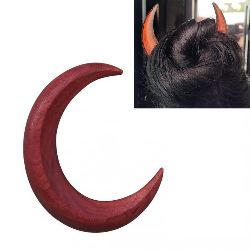 Hand Carved Wooden Crescent Moon Hair Fork for Women - Lightweight Hair Stick Barrette, Hair Styling Accessory for Long Hair (Small, Red) - Perfect for Weddings, Parties & Boho Hairstyles