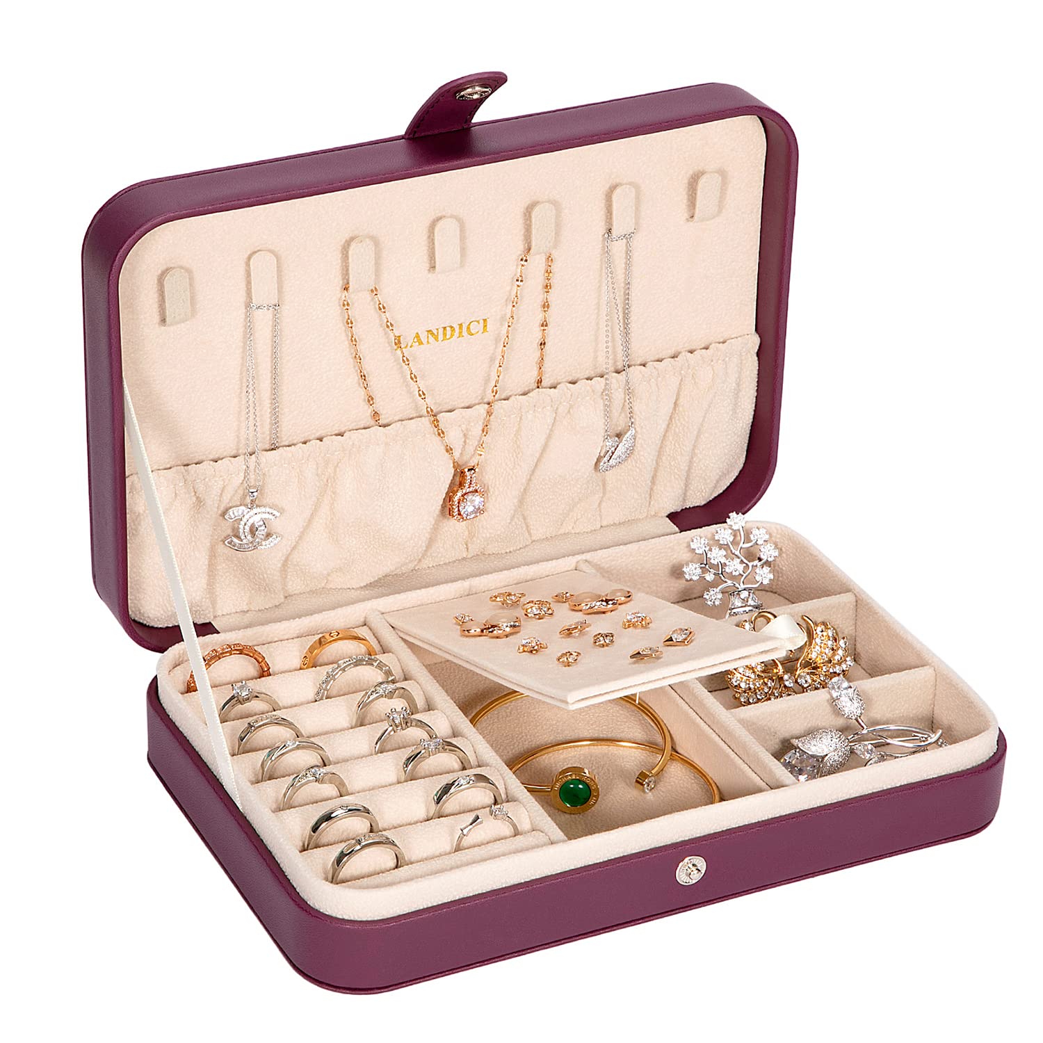 LANDICI Small Jewelry Box for Women - PU Leather Travel Jewelry Organizer with Storage Compartments for Rings, Earrings, Necklaces & Bracelets | Portable Jewelry Case | Perfect Gift Box for Her (Purple) | Ideal for Travel, Home Storage & Gift Giving