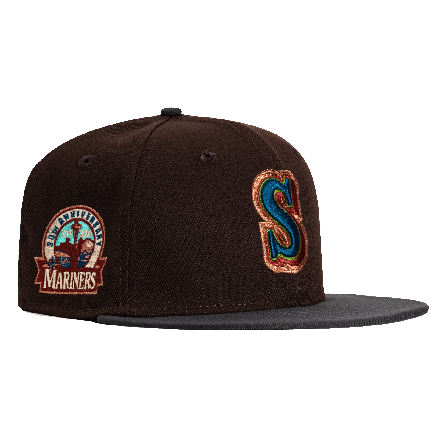 New Era 59Fifty Seattle Mariners 30th Anniversary Patch Snapback Hat - Brown & Graphite Colorway - Perfect for Baseball Games, Fan Collections and Streetwear Fashion