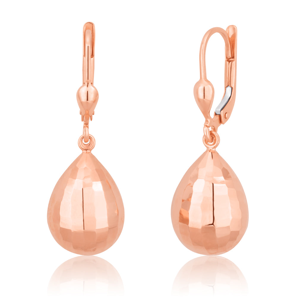 9ct Rose Gold Diamond Cut Hook Tear Drop Earrings for Women - Elegant Dangle Earrings for Party, Wedding & Special Occasions