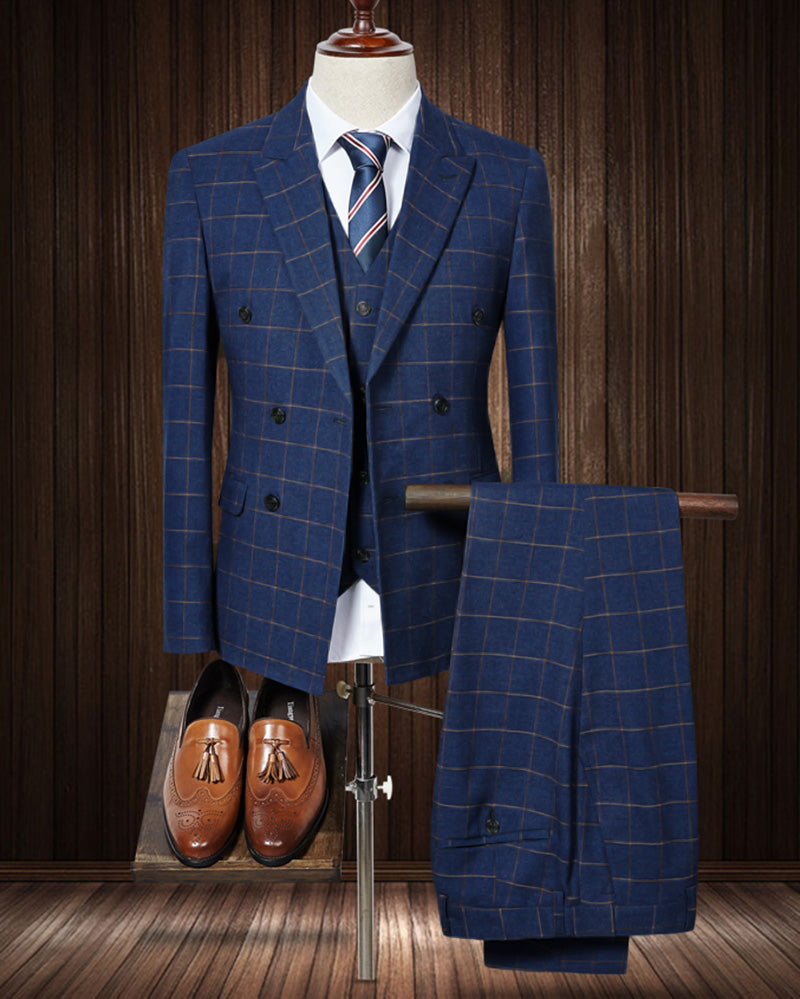 Classyby Navy Blue Slim Fit Plaid Checked Men's Suit for Wedding & Groom | 2022 Trendy Formal Business Attire | Perfect for Office, Prom & Special Occasions