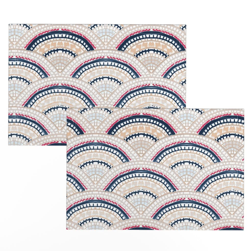 Premium Linen Cotton Canvas Placemats Set of 2 - Japanese Sashiko Inspired Scallop Mosaic Geometric Print in Navy & Fuchsia | Elegant Dining Table Decor, Perfect for Dinner Parties & Home Decor