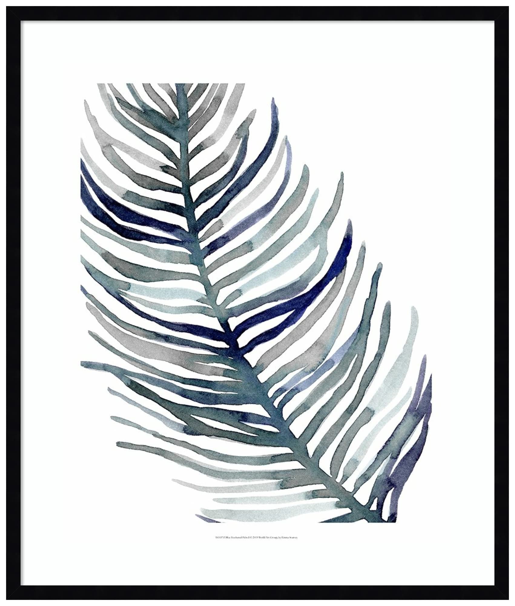 Emma Scarvey Blue Feathered Palm I Framed Wall Art Print - 28x33 Inches, Svelte Noir Black Wood Frame - Tropical Home Decor for Living Room, Bedroom & Office