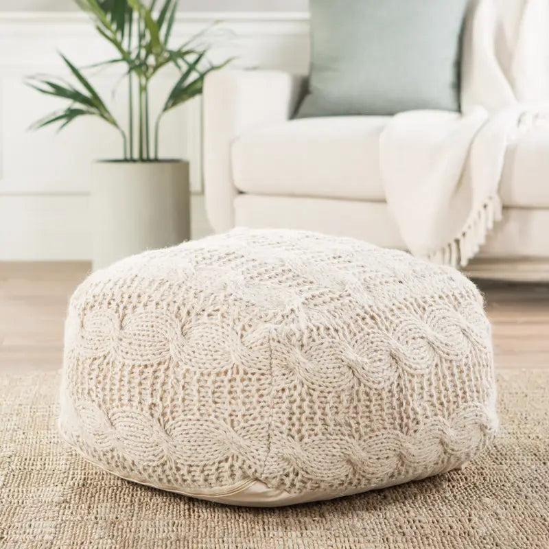 Jaipur Living Wool Knit Square Cream Ottoman Pouf - Soft Footstool & Boho Decor for Living Room, Bedroom, or Nursery