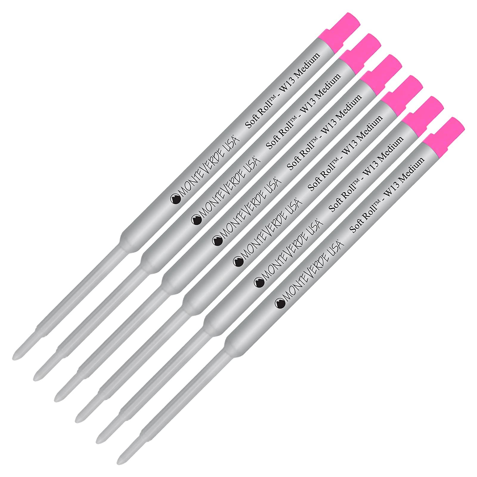 Monteverde Soft Roll Ballpoint W13 Ink Refill 6-Pack - Compatible with Waterman Style Pens - Pink Medium Tip 0.7mm - Perfect for Office, School & Everyday Writing