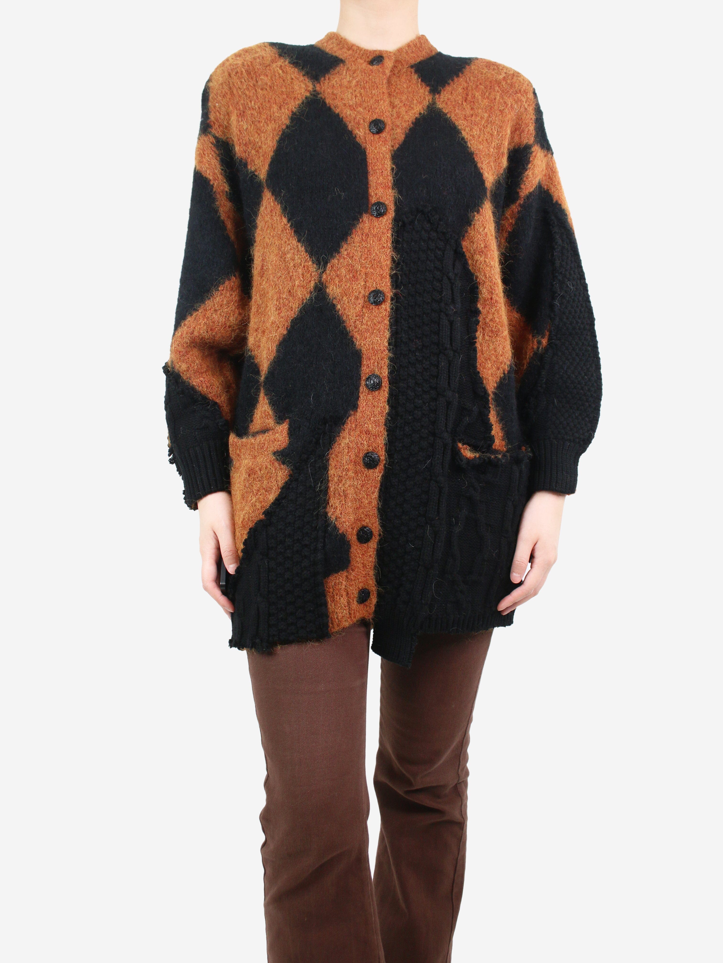 Brown Patchwork Diamond Print Cardigan Women's Size S - Cozy Fall Layering Piece for Casual Outfits & Coffee Dates