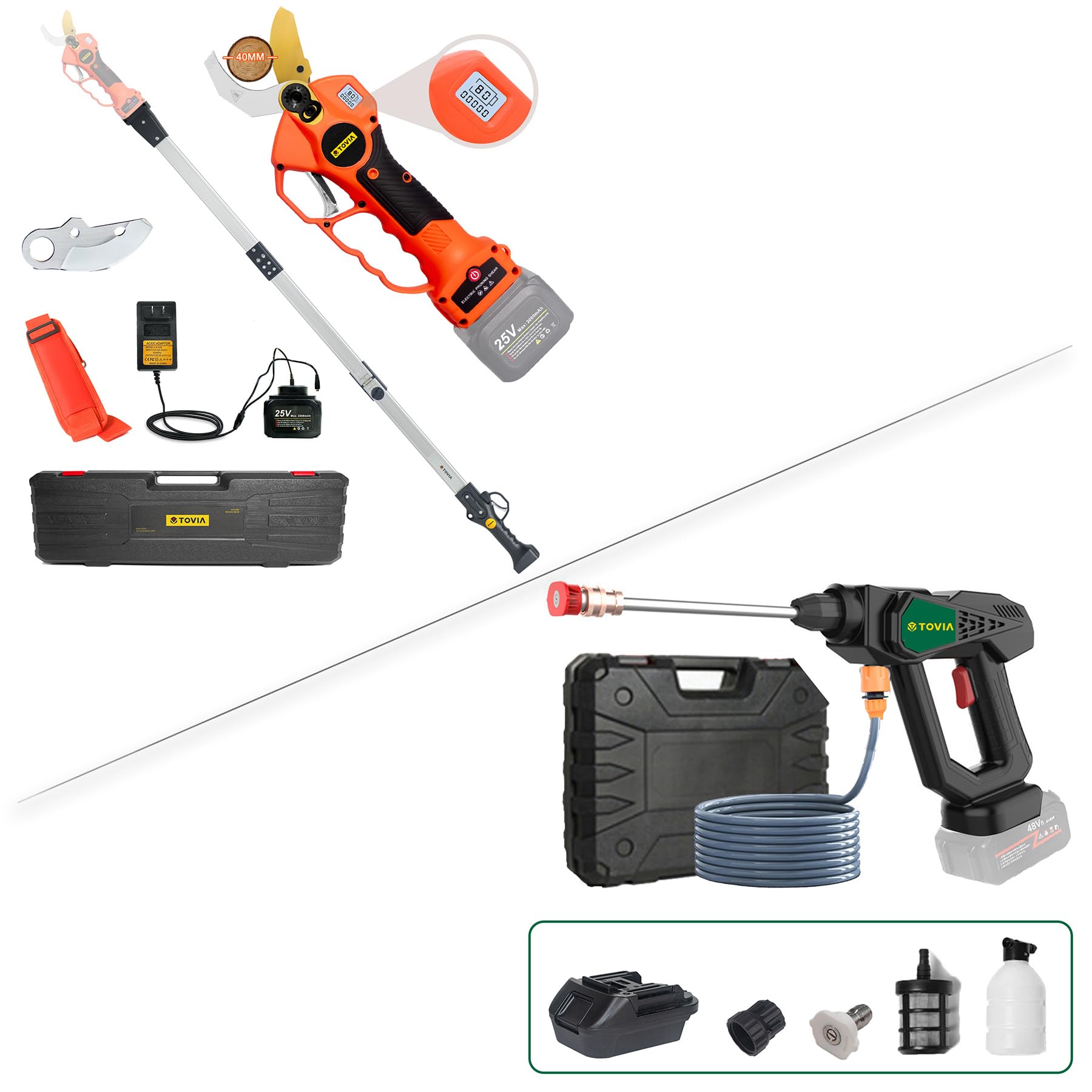 T TOVIA Cordless Electric Pruning Shears & 1800PSI Electric Pressure Washer Combo - Lightweight Garden Tools for Trimming Trees, Bushes & Cleaning Driveways, Patios, Decks