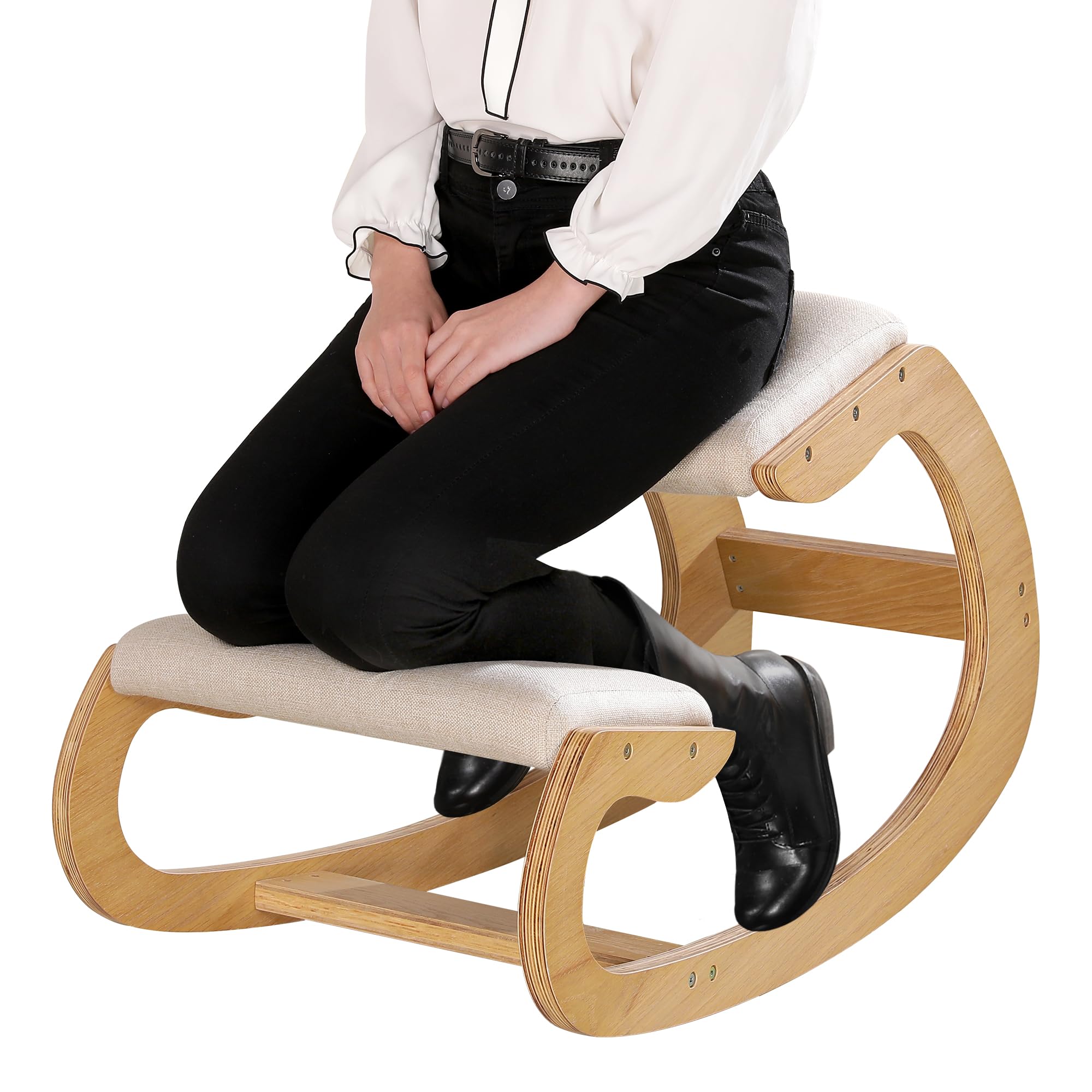Ergonomic Kneeling Chair for Home Office - Adjustable Rocking Stool with Wooden Frame & Linen Cushion - Posture Corrector for Back & Neck Pain Relief - White Oak - Perfect for Meditation, Reading & Desk Work
