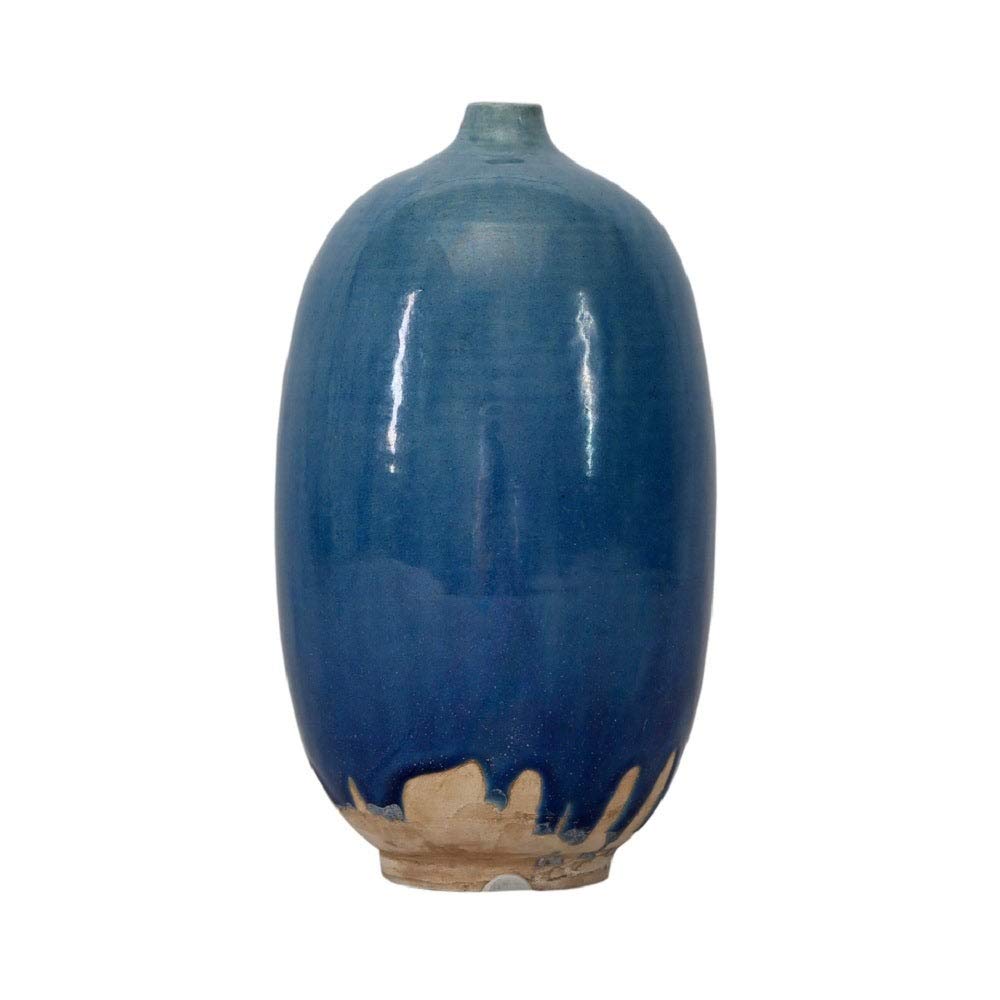 Antique Blue Ceramic Tall Round Vase - 6.3 Inch Small Opening Home Decor for Flowers, Centerpiece, Wedding & Living Room Decor