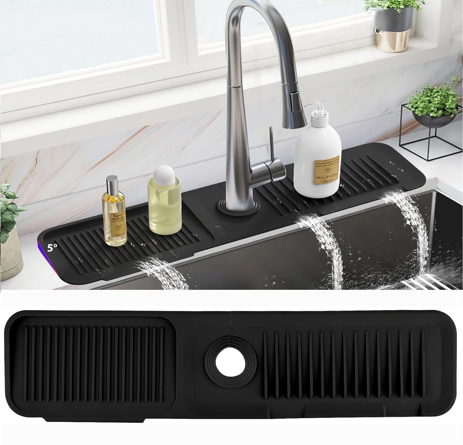 Non-Slip Silicone Faucet Mat for Kitchen Sink - Dish Soap & Sponge Holder - Water Splash Guard Drying Mat for Countertop - Perfect for Bathroom & Kitchen Accessories (Ideal for Preventing Water Spills & Organizing Cleaning Supplies)