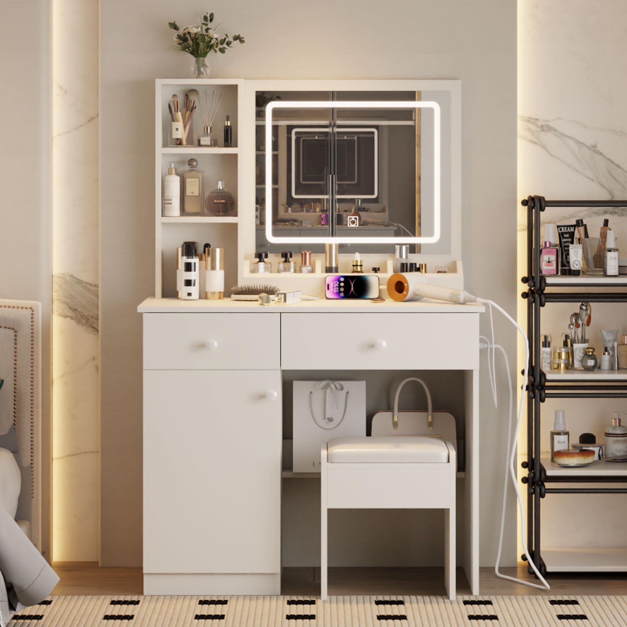Vanity Desk with Charging Station & LED Lights - Makeup Dressing Table with Large Mirror, Storage Drawers & Stool - Perfect for Bedroom, Salon, or Gift (White)