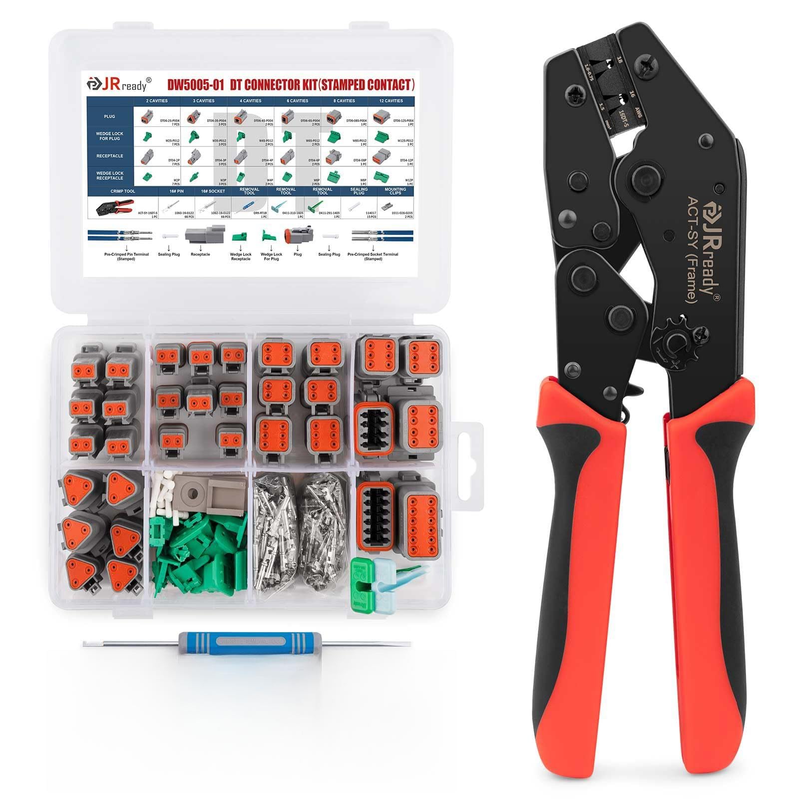 JRready DW5005-01 Deutsch Connector Crimping Tool Kit with Crimper - 2/3/4/6/8/12 Pin DT Connectors & Size 16 Stamped Contacts - IP68 Waterproof Electrical Connector Set for Automotive, Marine & Industrial Wiring Applications